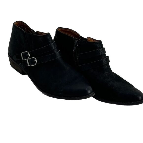 Lucky Brand Ankle Black Pebble Leather Pointed Toe Stacked Heel Boots Bootie 8.5 - Picture 3 of 8